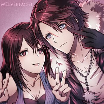 1boy 1girl black_gloves black_jacket black_shirt blue_eyes blue_vest breasts brown_eyes brown_hair chain chain_necklace cleavage commentary detached_sleeves double_v eeveetachi english_commentary expressionless eyelid_pull final_fantasy final_fantasy_viii fur-trimmed_jacket fur_trim gloves hand_up hands_up heads_together highres jacket jewelry long_hair making_faces medium_breasts middle_finger necklace open_clothes open_jacket pendant purple_background ring ring_necklace rinoa_heartilly shirt short_hair sidelocks smile squall_leonhart tongue tongue_out twitter_username upper_body v vest white_fur white_shirt