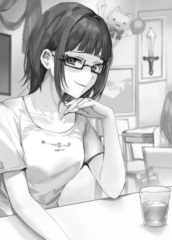 1girl 1other :3 absurdres arm_on_table balloon blunt_bangs bow bowtie breasts cat chair commentary_request furrowed_brow glass glasses greyscale hand_up head_tilt highres holding holding_balloon liquid looking_at_viewer medium_breasts medium_hair momoko_(momopoco) monochrome novel_illustration official_art sidelocks smirk solo_focus stuffed_animal stuffed_cat stuffed_toy sword table taniyama_sayaka tokidoki_bosotto_roshia-go_de_dereru_tonari_no_alya-san weapon