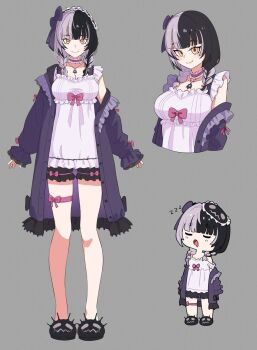 1girl black_hair bow braid breasts chemise chibi chibi_inset choker closed_eyes closed_mouth coat commentary cropped_torso design_speculation drooling frilled_choker frilled_coat frills full_body grey_background grey_hair hair_bow highres hololive hololive_english jewelry large_breasts long_sleeves looking_at_viewer low_twin_braids mikeemyk1 mouth_drool multicolored_hair multiple_views necklace off_shoulder open_clothes open_coat open_mouth pendant pink_bow purple_bow purple_coat shiori_novella simple_background sleep_mask sleeping sleepwear sleeves_past_wrists slippers smile split-color_hair standing strap_slip thigh_strap twin_braids two-tone_hair virtual_youtuber yellow_eyes yorick_(shiori_novella) zzz