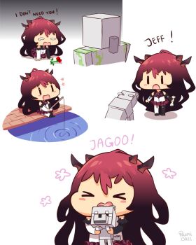 1girl :o all_fours animal black_hair bone chibi commentary crying dog english_commentary fishing fishing_rod gradient_hair highres holding holding_animal holding_bone holding_dog holding_fishing_rod hololive hololive_english horns iron_golem_(minecraft) irys_(hololive) irys_(irys_1.0)_(hololive) minecraft multicolored_hair multiple_views namiorii red_hair ripples surprised virtual_youtuber wolf_(minecraft)