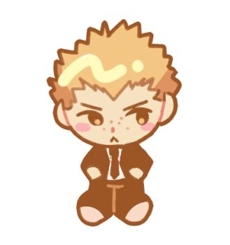 1boy :&lt; black_jacket black_necktie black_pants blonde_hair blush blush_stickers catp0sse chibi chibi_only closed_mouth commentary danganronpa_(series) danganronpa_2:_goodbye_despair english_commentary formal_clothes freckles full_body hands_in_pockets jacket kuzuryu_fuyuhiko lowres male_focus necktie open_clothes open_jacket pants shirt short_hair simple_background solo suit white_background white_shirt
