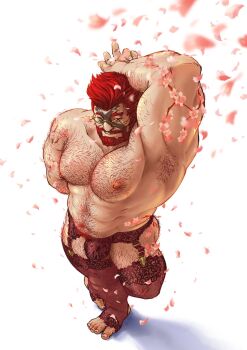 1boy abs arm_over_head armpit_hair back_hair bara beard borrowed_character bulge crotchless crotchless_pants dancing facepaint facial_hair falling_petals final_fantasy final_fantasy_xiv foreshortening from_above full_beard full_body glasses hairy highres ink_(twistydr0p) large_pectorals looking_at_viewer male_focus mature_male muscular muscular_male navel navel_hair nipple_hair nipples pants pectorals petals roegadyn round_eyewear seductive_smile short_hair smile solo sparse_arm_hair sparse_leg_hair standing standing_on_one_leg stomach strongman_waist thick_back_hair thick_beard thick_chest_hair thick_eyebrows thick_navel_hair topless_male tsurime ugly_bastard very_hairy warrior_of_light_(ff14)