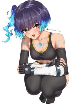 1girl absurdres artist_name bare_shoulders bilingual_commentary black_gloves black_panties black_thighhighs blue_hair body_markings breasts brown_eyes chest_jewel commentary completion_time elbow_gloves fiery_hair fingerless_gloves full_body gloves highres mixed-language_commentary no_pants no_shirt no_shoes no_vest open_mouth panties riro_(breakthrough_rr) sena_(xenoblade) side_ponytail simple_background small_breasts smile solo squatting thighhighs twitter_x_logo underwear white_background xenoblade_chronicles_(series) xenoblade_chronicles_3 yellow_trim