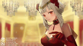 1girl alternate_costume ballroom blurry blurry_background breasts capelet chandelier choker circlet cleavage collarbone commission curtains elbow_gloves fire_emblem fire_emblem_heroes flower gem gloves gold_circlet grey_hair hair_flower hair_ornament highres light_smile looking_at_viewer nintendo pink_lips reaching reaching_towards_viewer red_choker red_eyes red_flower red_gemstone red_gloves red_rose rose see-through_capelet see-through_clothes short_hair short_hair_with_long_locks sidelocks skeb_commission smile solo sparkle stairs veronica_(fire_emblem) veronica_(princess_rising)_(fire_emblem) warm_colored yamamori_kinako