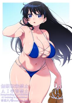 1girl arato_nagi bikini black_hair blue_bikini breasts cleavage cross-laced_bikini cross-laced_clothes earrings feet_out_of_frame highres jewelry large_breasts long_hair looking_at_viewer onsoku_inu purple_eyes ruri_no_houseki shoes solo standing stud_earrings swimsuit unworn_shoes watermark