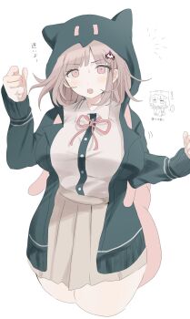 1girl :o breasts brown_hair collared_shirt danganronpa_(series) danganronpa_2:_goodbye_despair flipped_hair hair_ornament highres hood ikemen&#039;na_ore-shi jacket long_sleeves looking_at_viewer medium_hair nanami_chiaki neck_ribbon open_clothes open_jacket pink_eyes pink_ribbon pleated_skirt ribbon shirt skirt solo thighhighs white_shirt
