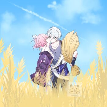 Rule 34 | 1boy, 1girl, 46uumm, ahoge, blue eyes, blue shirt, blue sky, coat, cyrene (aedes elysiae) (honkai: star rail), cyrene (honkai: star rail), hair ornament, hetero, highres, holding wheat, honkai: star rail, honkai (series), kiss, kissing cheek, multicolored hair, official alternate costume, outdoors, phainon (a dream scented in wheat) (honkai: star rail), phainon (honkai: star rail), pink hair, purple coat, shirt, short hair, sky, two-tone hair, wheat, wheat field, white hair