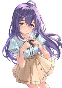1girl absurdres ahoge b1ack_illust blue_shirt blush closed_mouth green_eyes highres idolmaster idolmaster_million_live! index_fingers_together long_hair looking_at_viewer mochizuki_anna puffy_short_sleeves puffy_sleeves purple_hair shirt shirt_tucked_in short_sleeves simple_background skirt solo standing sweatdrop white_background