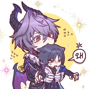 Rule 34 | 2boys, 49ibo240, anger vein, animal ears, artist name, black bridal gauntlets, black coat, black horns, black shorts, black sleeves, blue cape, blue sleeves, blunt ends, border, bridal gauntlets, bright pupils, cape, cat boy, cat ears, claws, coat, colored eyelashes, commentary, crossed bangs, diamond-shaped pupils, diamond (shape), dragon horns, dragon wings, eyelashes, eyeliner, eyeshadow, facial mark, fangs, flying sweatdrops, forehead mark, frown, furrowed brow, genshin impact, gloves, hair between eyes, hands on another's hips, holding, holding mini person, horns, japanese clothes, kimono, korean text, layered sleeves, long sleeves, looking at another, looking to the side, makeup, mandarin collar, mini durin (genshin impact), mini durin (human) (genshin impact), mini person, miniboy, multiple boys, open clothes, open coat, open hands, orange eyes, outstretched arms, purple eyes, purple hair, purple horns, purple vest, purple wings, red eyeliner, red eyeshadow, scaramouche (genshin impact), short sleeves, shorts, shoulder peek, speech bubble, spread arms, symbol-only commentary, symbol-shaped pupils, tareme, translation request, two-sided horns, vest, wanderer (genshin impact), white border, white gloves, white kimono, white pupils, white sleeves, wings, wispy bangs, yellow background