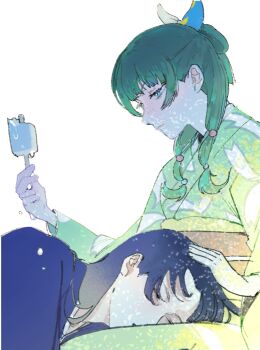Rule 34 | 1boy, 1girl, beads, blue eyes, blue ribbon, blue robe, blunt bangs, closed eyes, closed mouth, commentary request, food, freckles, green eyes, green kimono, hair beads, hair ornament, hair ribbon, hand on another's head, hetero, holding, holding food, holding popsicle, japanese clothes, jinshi (kusuriya no hitorigoto), kimono, kusuriya no hitorigoto, lap pillow, long hair, maomao (kusuriya no hitorigoto), parted bangs, popsicle, purple hair, ribbon, robe, tapon1030, white background