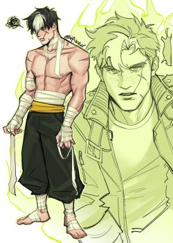 Rule 34 | 1boy, artist name, batman (series), black hair, blue eyes, commentary, cowboy shot, dc comics, english commentary, highres, hiikeu, jacket, jason todd, male focus, multicolored hair, muscular, muscular male, open clothes, pants, scar, scar on face, short hair, simple background, teeth, two-tone hair, white background