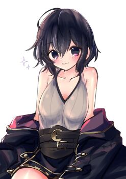 1girl bare_arms bare_shoulders belt black_belt black_hair black_robe breasts closed_mouth collarbone female_morgan_(fire_emblem) fire_emblem fire_emblem_awakening highres large_breasts multiple_belts nintendo robe shirt short_hair simple_background sitting sleeveless sleeveless_shirt smile solo studio_sugimoto tank_top thighs white_background white_tank_top