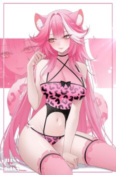 1girl alternate_costume animal_ear_fluff animal_ears animal_print breasts closed_mouth highres hissnokiss hololive hololive_english large_breasts leopard_print leopard_print_panties lingerie long_hair panther_ears panther_girl panther_tail pink_hair pink_nails pink_thighhighs print_panties raora_panthera see-through_cleavage see-through_clothes solo tail thighhighs underwear very_long_hair virtual_youtuber white_streaks yellow_eyes