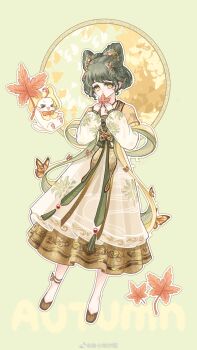 1girl animal anklet autumn autumn_courtyard_(shining_nikki) autumn_leaves black_hair brown_shoes butterfly_hair_ornament cat chinese_commentary clothed_animal commentary_request cone_hair_bun covered_mouth dot_nose double_bun earrings english_text eyelashes floral_print full_body green_background green_eyes hair_bun hair_ornament highres holding holding_leaf jacket jewelry layered_sleeves leaf light_blush long_sleeves maple_leaf momo_(nikki) necklace nikki_(series) open_clothes open_jacket outline pleated_skirt print_hanfu print_skirt puffy_long_sleeves puffy_sleeves robe round_window see-through_clothes see-through_skirt shawl shining_nikki shoes short_hair short_over_long_sleeves short_sleeves skirt sphere_earrings tareme tree watermark weibo_watermark white_cat white_outline white_skirt window xiaoyu_qixing yellow_hanfu yellow_jacket yellow_robe yellow_shawl