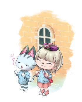 Rule 34 | 1girl, 2girls, absurdres, animal crossing, blue shirt, cat girl, closed eyes, commentary request, grey hair, highres, hoishere7, lolly (animal crossing), long sleeves, multiple girls, music, musical note, nintendo, pink shoes, pink skirt, shirt, shoes, singing, skirt, sneakers, tabby cat, villager (animal crossing)