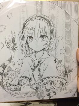 1girl alice_margatroid artist_name bug butterfly commentary_request dress flower frilled_hairband frills greyscale hairband insect jewelry kazu_(muchuukai) lolita_hairband looking_at_viewer monochrome photo_(medium) puppet_rings ring shikishi solo star_(symbol) touhou traditional_media upper_body