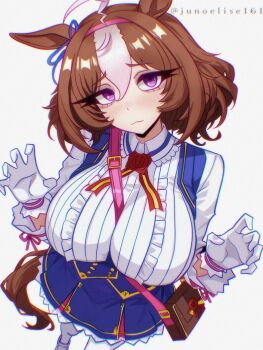 1girl @_@ absurdres ahoge animal_ears bag between_breasts blue_dress bow breasts brown_hair closed_mouth commentary double-parted_bangs dress ear_ribbon gloves hair_between_eyes hairband headband highres horse_ears horse_girl horse_tail junoelise161 large_breasts long_sleeves looking_at_viewer meisho_doto_(turbulent_blue)_(umamusume) meisho_doto_(umamusume) multicolored_hair pantyhose pink_hairband pink_headband purple_eyes shirt short_hair shoulder_bag simple_background solo strap_between_breasts tail two-tone_hair umamusume white_background white_gloves white_hair white_pantyhose white_shirt