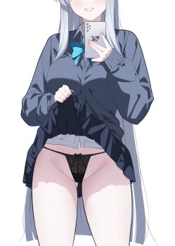 1girl blue_archive blue_bow blue_bowtie bow bowtie cardigan clothes_lift collared_shirt eyes_out_of_frame grin head_out_of_frame highres holding holding_phone long_hair mirror_selfie noa_(blue_archive) panties phone reia_76 school_uniform selfie shirt skirt skirt_lift smile solo thighs underwear very_long_hair white_hair white_shirt