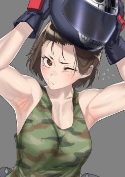 Rule 34 | 1girl, armpits, arms up, bare shoulders, breasts, brown eyes, brown hair, camouflage, camouflage shirt, camouflage tank top, capcom, flying sweatdrops, gloves, grey background, haishima xv, helmet, highres, kazama akira, medium breasts, motorcycle helmet, one eye closed, removing helmet, shirt, short hair, simple background, solo, street fighter, street fighter v, sweat, tank top