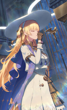 1girl absurdres black_gloves blonde_hair blue_sash breasts closed_eyes commentary cowboy_shot facing_ahead from_side gloves hat high-waist_skirt highres indoors long_hair long_sleeves medium_breasts own_hands_clasped own_hands_together parted_lips phoebe_(wuthering_waves) praying sash shirt skirt solo staff toroe02 white_hat white_shirt white_skirt wuthering_waves