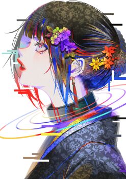 1girl absurdres black_hair black_kimono blue_eyeliner blue_eyes braid braided_bun collar commentary_request double_exposure ear_piercing earrings eyelashes eyeliner floral_print flower from_side glitch gradient_flower hair_bun hair_flower hair_ornament highres japanese_clothes jewelry kimono looking_up makeup metal_collar multicolored_flower multicolored_hair original parted_lips piercing portrait red_lips red_pupils short_hair sidelocks simple_background syakemayusan white_background