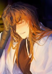 Rule 34 | 1boy, absurdres, aizen sousuke, black kimono, bleach, blush, brown eyes, brown hair, commentary, dark, embarrassed, english commentary, eyepatch, hair between eyes, hair over shoulder, hand on own head, hand up, haori, highres, indoors, japanese clothes, kas0n3ri, kimono, long hair, looking down, male focus, nose blush, one eye covered, open mouth, sidelighting, sketch, solo, teeth, tsurime, twitter username, upper body
