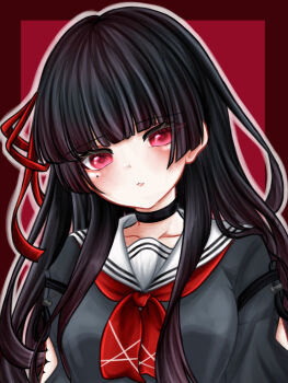 1girl absurdres arm_cutout black_choker black_hair black_shirt breasts chisa_(wuthering_waves) choker clothing_cutout collarbone commentary hair_ribbon highres long_hair looking_at_viewer medium_breasts mole mole_under_eye neckerchief parted_lips red_eyes red_neckerchief red_ribbon ribbon sailor_collar seno_(snllian) shirt solo upper_body white_sailor_collar wuthering_waves