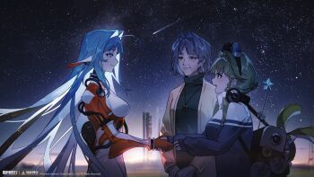 3girls absurdres ahoge black_shirt blue_eyes blue_hair bodysuit breasts brown_eyes brown_jacket chinese_track_school_uniform copyright_name copyright_notice eye_contact face-to-face from_side gradient_sky green_hair grey_hair hair_intakes hair_ornament headphones headphones_around_neck highres holding_hands jacket jewelry launch_pad logo long_hair looking_at_another mechanical_ears multicolored_bodysuit multiple_girls night official_art official_wallpaper old old_woman open_mouth orange_bodysuit outdoors pendant profile radio school_uniform shirt shooting_star short_hair shuguang_(xinyue_tongxing) sky smile star_(sky) starry_sky stuffed_animal stuffed_rabbit stuffed_toy turtleneck two-tone_bodysuit very_long_hair white_bodysuit xinyue_tongxing yayin_(xinyue_tongxing)