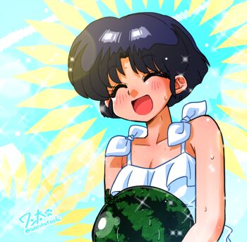1girl ^_^ artist_name bare_shoulders blue_background blue_hair blue_sky breasts cleavage closed_eyes collarbone food fruit holding holding_food holding_fruit light_blush open_mouth ranma_1/2 short_hair signature sky smile solo sweat tendou_akane wanta_(futoshi) watermelon