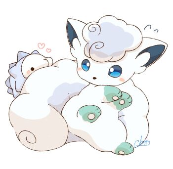 Rule 34 | alolan form, alolan vulpix, animal focus, blue eyes, blush, gen 7 pokemon, gen 8 pokemon, heart, mimix, nintendo, no humans, pawpads, pokemon, pokemon (creature), pokemon focus, simple background, snom, tail, white background, white fur