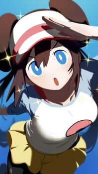 1girl b0qwaiavz2as7kp black_pantyhose blue_eyes breasts collarbone double_bun hair_bun highres large_breasts nintendo open_mouth pantyhose pokemon pokemon_bw2 rosa_(pokemon) shirt skirt solo sparkle twintails white_shirt yellow_skirt