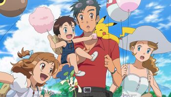 2boys 2girls :d aged_up ash_ketchum balloon belt black_belt black_hair brown_eyes brown_hair cloud collared_shirt commentary cotton_candy day dress english_commentary eyewear_on_head facial_hair feeding floette floette_(blue_flower) food gen_1_pokemon gen_6_pokemon hair_ornament hairclip hat holding holding_cotton_candy holding_food holding_string if_they_mated multiple_boys multiple_girls nintendo novanoah on_shoulder open_mouth outdoors pants pikachu pokemon pokemon_(anime) pokemon_(creature) pokemon_on_shoulder pokemon_xy_(anime) red_shirt serena_(pokemon) shirt short_hair short_sleeves sky smile string sunglasses tongue watch white_dress white_headwear wristwatch