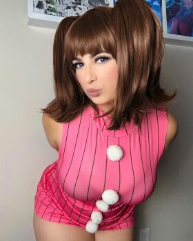 Rule 34 | 1girl, arms behind back, bare shoulders, breasts, brown hair, cosplay, cosplay photo, diane (nanatsu no taizai), diane (nanatsu no taizai) (cosplay), dress, highres, janimae, large breasts, long hair, looking at viewer, nanatsu no taizai, photo (medium), real life, see-through clothes, short dress, sleeveless, twintails