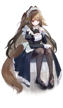 1girl absurdres alternate_costume animal_ears black_dress black_pantyhose black_shoes breasts brown_hair cleavage closed_mouth commentary_request dress enmaided floppy_ears hand_up highres long_hair long_sleeves looking_at_viewer maid maid_headdress pantyhose red_eyes shoes simple_background sitting smile solo tail very_long_hair wakum white_background ye_shunguang zenless_zone_zero