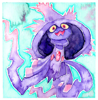 border colored_sclera commentary english_commentary fleebites full_body gen_4_pokemon mismagius nintendo no_humans open_mouth pokemon pokemon_(creature) pokemon_focus red_eyes solo white_border yellow_sclera