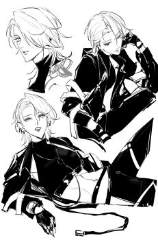 1girl abs belt claws commentary_request crop_top ear_piercing gloves greyscale highres jacket looking_at_viewer lying medium_hair midriff monochrome multiple_views navel on_side open_clothes open_jacket parted_lips path_to_nowhere piercing shirt shoulder_tattoo sleeveless sleeveless_shirt tattoo toho10min toned toned_female zoya_(path_to_nowhere)