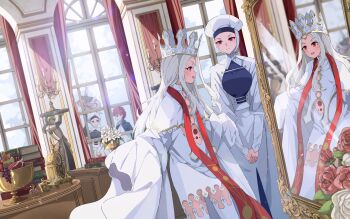 1boy 3girls absurdres albino breasts bust_cup commentary crown dress dress_of_heaven emiya_shirou fate/stay_night fate_(series) framed_breasts highres illyasviel_von_einzbern large_breasts leysritt_(fate) long_hair long_sleeves multiple_girls orange_hair raglan_sleeves red_eyes sakatsuki_yakumo sella_(fate) short_hair smile stole symbol-only_commentary thighhighs type-moon white_crown white_hair