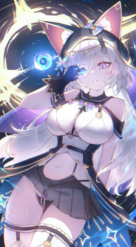 1girl absurdres animal_ear_fluff animal_ears bare_shoulders between_breasts black_background black_hole black_panties black_veil blue_eyes breasts cleavage colored_inner_animal_ears commentary commission estelle_(lj) fingerless_gloves flower frilled_thigh_strap garter_straps gloves glowing glowing_eye gold_trim gradient_eyes hair_flower hair_ornament highleg highleg_panties highres large_breasts long_hair looking_at_viewer miniskirt multicolored_eyes navel nooodle_y o-ring original panties parted_lips see-through_clothes see-through_skirt shirt sidelocks skirt sleeveless sleeveless_shirt slit_pupils solo strap thigh_strap thighs two-sided_fabric two-sided_veil underwear veil very_long_hair white_hair white_shirt
