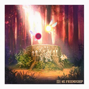 1boy 1girl brother_and_sister carving fairy flower forest four_giants highres ivy light_rays link nature nintendo no_humans ora-illustration siblings skull_kid tael tatl the_legend_of_zelda the_legend_of_zelda:_majora&#039;s_mask tree tree_stump