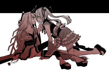 2girls all_fours angry blunt_bangs commentary_request confrontation eye_contact face-to-face flying_sweatdrops frilled_skirt frills from_side full_body hair_between_eyes hand_on_another's_chin highres holding holding_sword holding_weapon horns japanese_clothes kureha_yuna long_hair long_sleeves looking_at_another magia_record:_mahou_shoujo_madoka_magica_gaiden magical_girl mahou_shoujo_madoka_magica multiple_girls open_mouth profile sandals seven-branched_sword sidelocks single_horn sitting skirt smile sword thighhighs tokime_shizuka twintails weapon yukishiro_(hitsuji) yuri