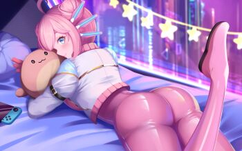 1girl ahoge ass axolotl bed bed_sheet blue_eyes blush hair_bun hair_ornament hoshino_aoi_(la_huynh_hai_than) indie_virtual_youtuber jacket leggings looking_at_viewer looking_back neon_lights night one_leg_raised_behind pink_hair pink_leggings smile toy virtual_youtuber window wupa_lupah