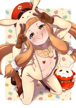 1girl :p absurdres blush boots brown_eyes brown_gloves cosplay double_v eroartdraw female_focus food food-themed_background full_body genshin_impact gloves hat heart_pasties highres huge_filesize ichihara_nina idolmaster idolmaster_cinderella_girls kigurumi klee_(genshin_impact) klee_(genshin_impact)_(cosplay) kneeling kuno_misaki loli long_hair looking_at_viewer macaron macaron_background navel nude pasties red_headwear tongue tongue_out twintails v very_long_hair voice_actor_connection zipper