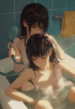 1girl absurdres bathtub black_hair breasts chainsaw_man chinese_commentary commentary_request completely_nude convenient_censoring cross_scar green_eyes highres holding holding_shower_head in_bathtub long_hair looking_to_the_side mitaka_asa multiple_persona nude red_eyes ringed_eyes scar scar_on_face scar_on_nose shared_bathing shower_head showering small_breasts steam steam_censor towel yao_liao_wang yoru_(chainsaw_man)