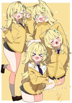 Rule 34 | > <, +++, + +, 1girl, :d, :o, = =, absurdres, animal ears, arms behind head, arms up, bare legs, black skirt, blonde hair, blue necktie, blush, border, bright pupils, brown shoes, cardigan, collared shirt, commentary request, commission, cowboy shot, cropped legs, crossed arms, dog ears, double v, fake animal ears, fang, full body, hair over shoulder, hands on own cheeks, hands on own face, heart, highres, kneehighs, laughing, loafers, long hair, looking at viewer, miniskirt, multi-source commentary, multiple views, necktie, no nose, off shoulder, one eye closed, open mouth, original, outside border, pleated skirt, shirt, shoes, short eyebrows, signature, skeb commission, skin fang, skirt, sleeves past wrists, smile, socks, sparkle hair ornament, squeans, standing, standing on one leg, star (symbol), thank you, thick eyebrows, thighs, uruti 2388, v, w, white border, white pupils, white shirt, white socks, wink star, yawning, yellow background, yellow cardigan, yellow eyes, yellow theme