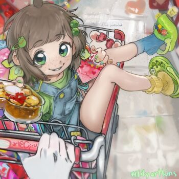 1boy 1girl 2025 artist_name blue_eyes blue_overalls blue_sock blue_socks brown_hair character_name child chocolate crocs decora food freckles girutea gloves green_eyes green_nails holding holding_chocolate holding_food indie_virtual_youtuber jojifuku lily_hopkins overalls shopping_cart short_hair sitting socks virtual_youtuber white_gloves yellow_sock yellow_socks