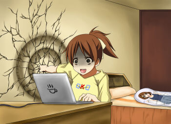 1girl bed blouse brown_eyes brown_hair cable clothes_writing computer crack crazy crazy_eyes dakimakura_(object) female_focus hair_ribbon hirasawa_ui hirasawa_yui k-on! laptop pillow ponytail punching raised_eyebrows ribbon samuraichamp shaded_face shirt shockwave short_hair solo teeth upper_teeth_only wall_punch wide-eyed yandere yellow_shirt