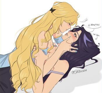 2girls bare_shoulders black_dress blonde_hair blue_dress blue_nails blush breasts cleavage clorinde_(genshin_impact) closed_mouth commentary dress drill english_commentary english_text genshin_impact girl_on_top hand_on_another's_face heart highres long_hair looking_at_another multiple_girls navia_(genshin_impact) parted_lips purple_eyes purple_hair seijousai simple_background speech_bubble strap_slip twitter_username upper_body white_background yuri