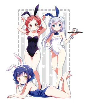 3girls black_leotard blue_leotard breasts cleavage gochuumon_wa_usagi_desu_ka? highres jouga_maya kafuu_chino leotard multiple_girls natsu_megumi playboy_bunny white_leotard