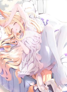 Rule 34 | 1girl, absurdres, animal ear fluff, animal ears, blonde hair, blue archive, commentary request, fox ears, fox girl, hair flowing over, hair spread out, halo, high heels, highres, indoors, long hair, looking at viewer, lying, on back, on bed, open mouth, pantyhose, redrawn, sakurano rocco, seia (blue archive), shoes, smile, unworn shoes, very long hair, white pantyhose, white shoes