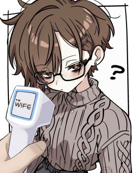 1girl 1other ? asami-chan brown_eyes brown_hair english_text expressionless freckles from_above glasses hair_ornament hairclip highres hozuki_asami_(asami-chan) long_sleeves looking_at_viewer original short_hair solo_focus sweater upper_body